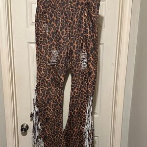 L&B Leopard Print Flare Pants with Fringe
